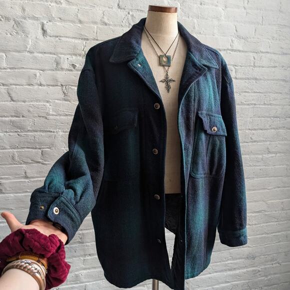 90s Vintage Green Plaid Wool Coat Utility Chore Jacket Oversize Flannel Large - Picture 5 of 9